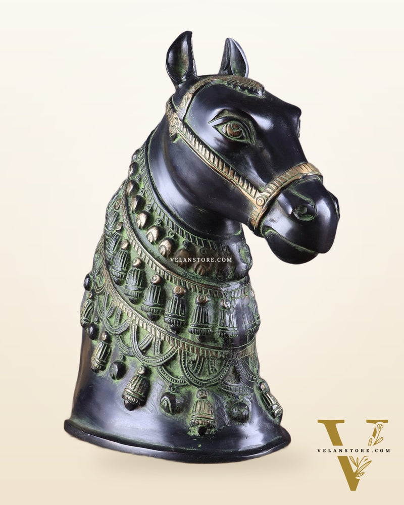 Pure Brass Horse Head Showpiece - Black and Green Antique Tone | 11 Inch