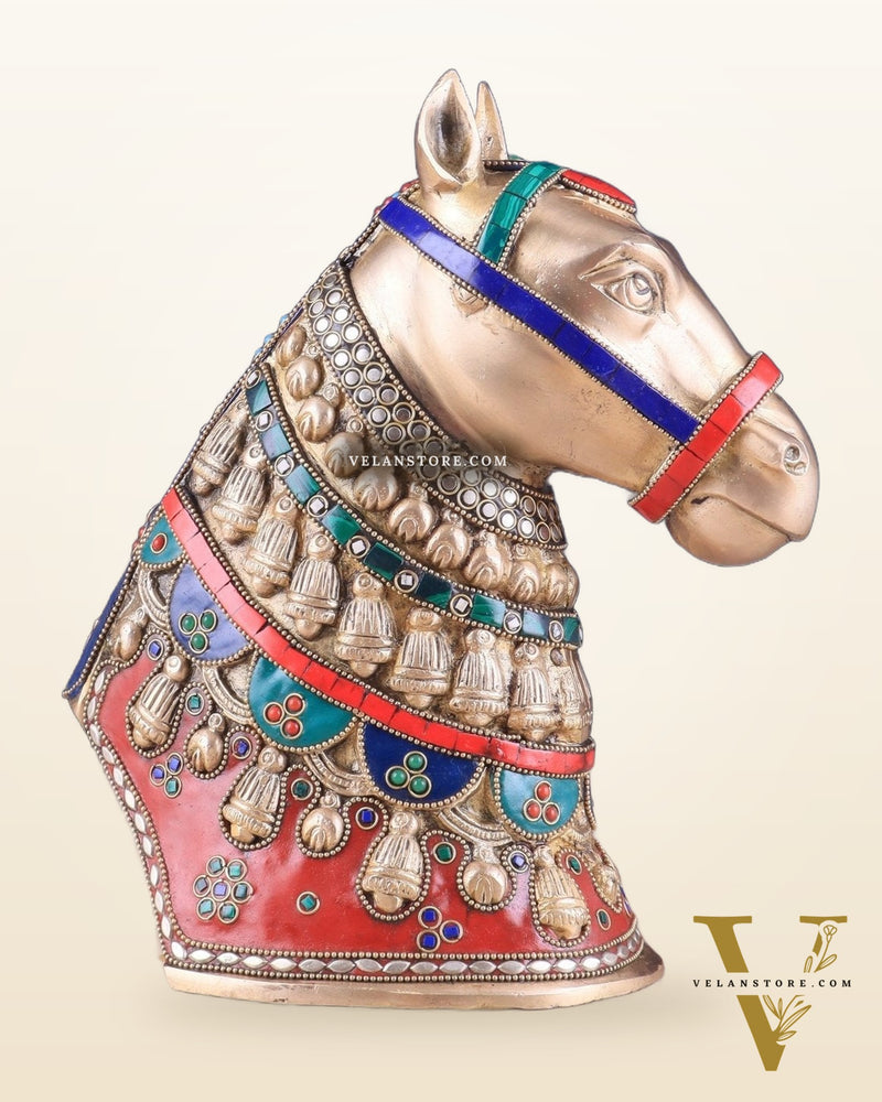 Pure Brass Horse Head Showpiece - stonework | 11 Inch