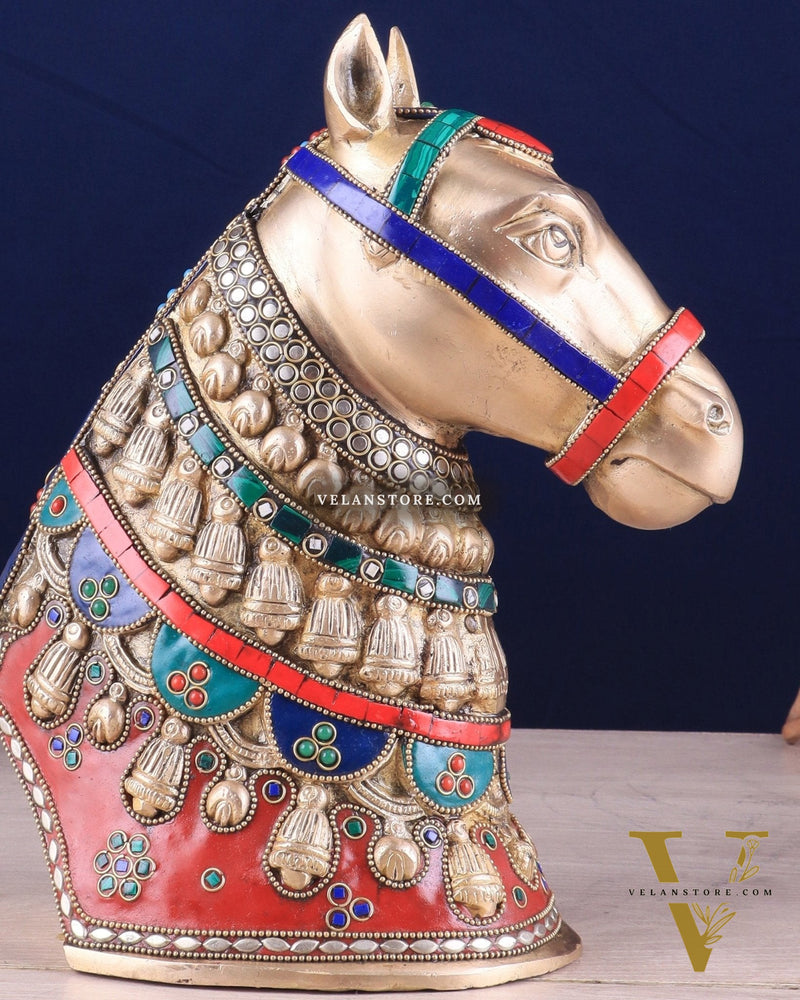 Pure Brass Horse Head Showpiece - stonework | 11 Inch