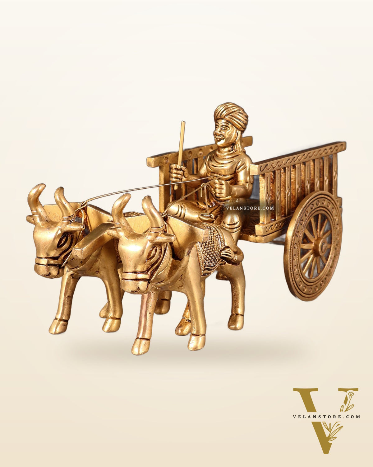 Pure Brass Indian Villager Bullock Cart – Traditional Showpiece & Gift 11" wide.