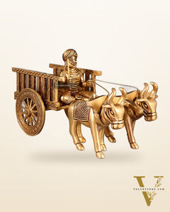 Pure Brass Indian Villager Bullock Cart – Traditional Showpiece & Gift 11" wide.
