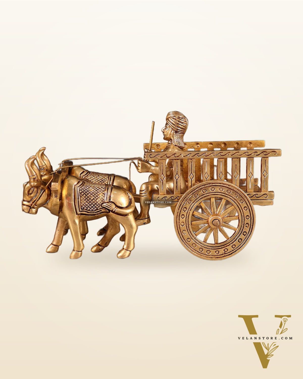 Pure Brass Indian Villager Bullock Cart – Traditional Showpiece & Gift 11" wide.