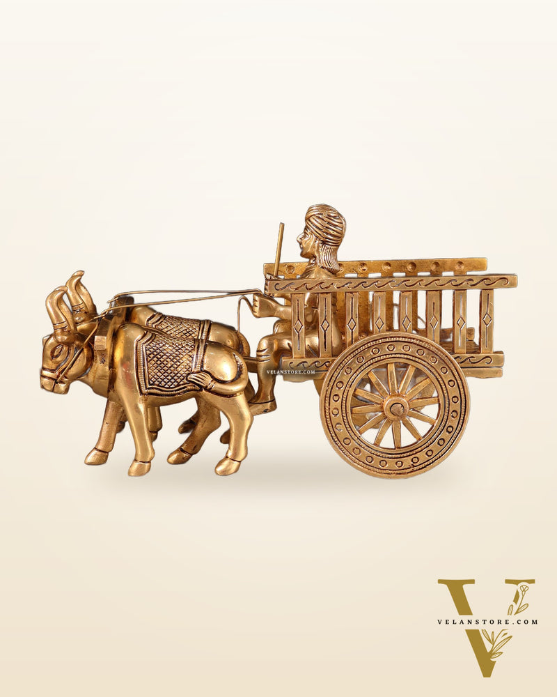 Pure Brass Indian Villager Bullock Cart – Traditional Showpiece & Gift 11" wide.