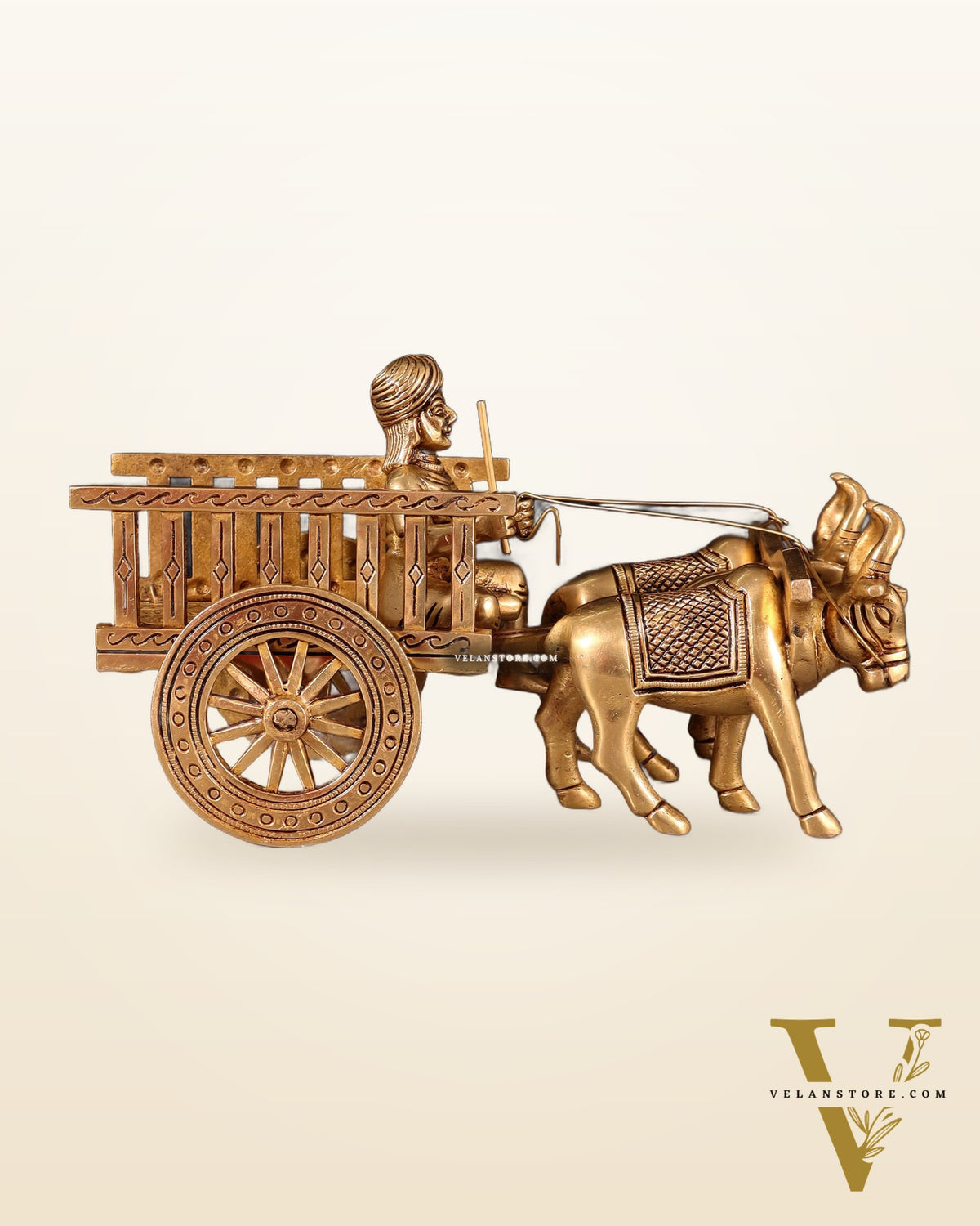 Pure Brass Indian Villager Bullock Cart – Traditional Showpiece & Gift 11" wide.