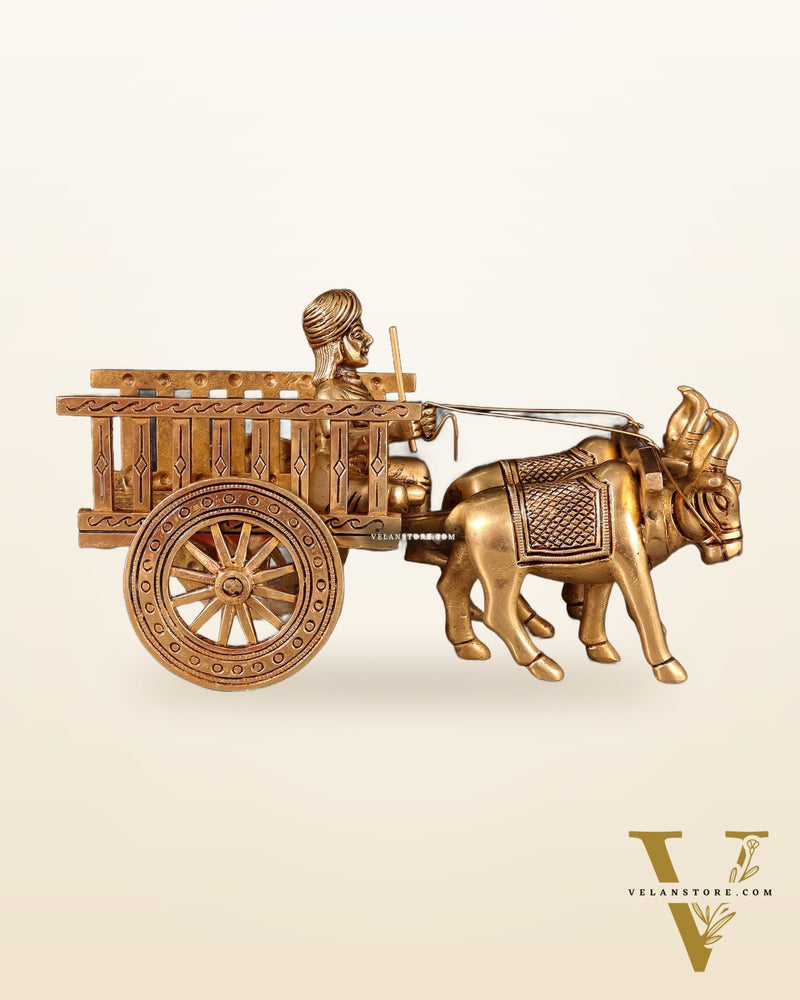 Pure Brass Indian Villager Bullock Cart – Traditional Showpiece & Gift 11" wide.
