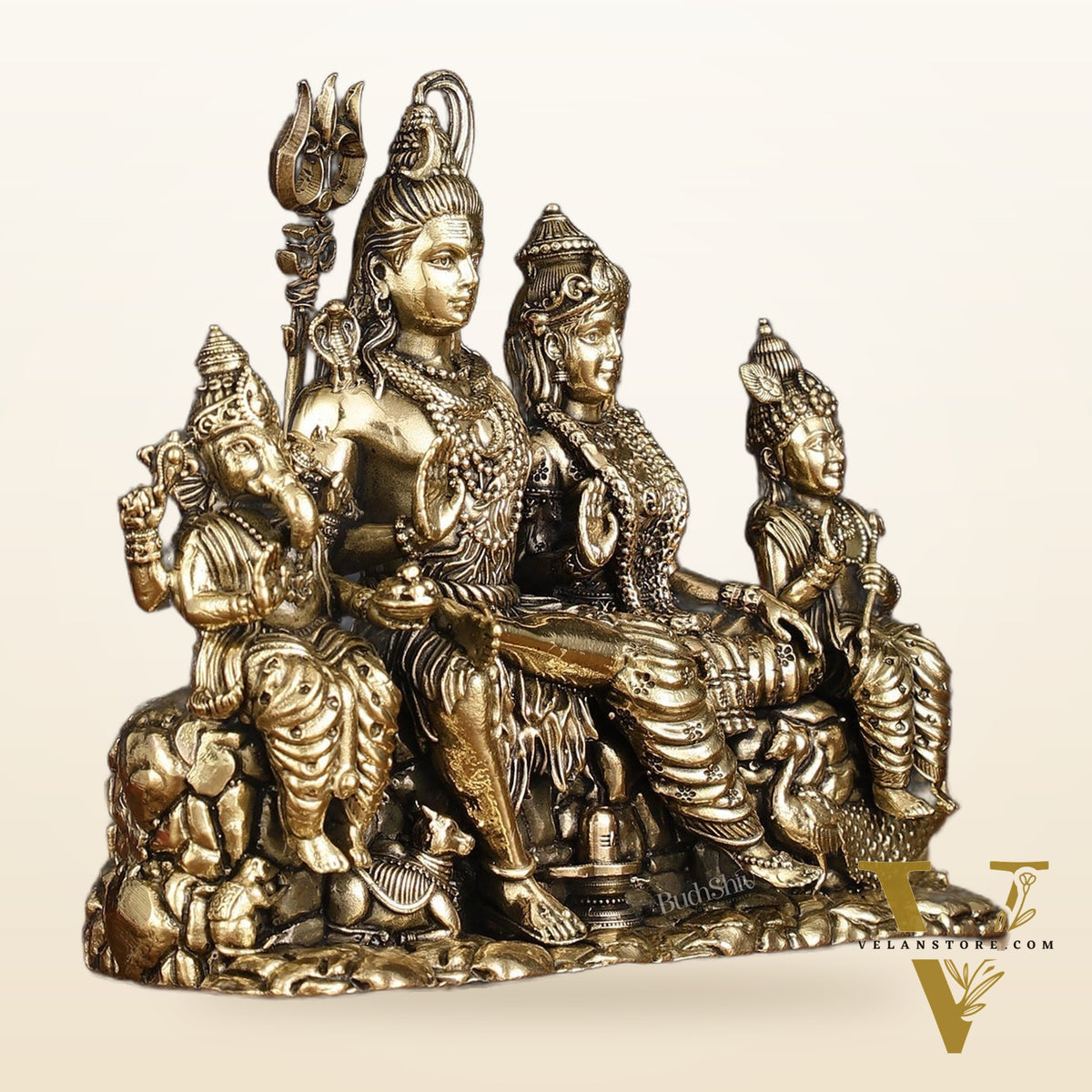 Pure Brass Intricate Complete Shiv Parivar Idol - 5.5" Tall