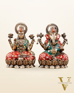 Pure Brass Intricate Ganesha Lakshmi Idols - meenakari Stonework  - 5 inch