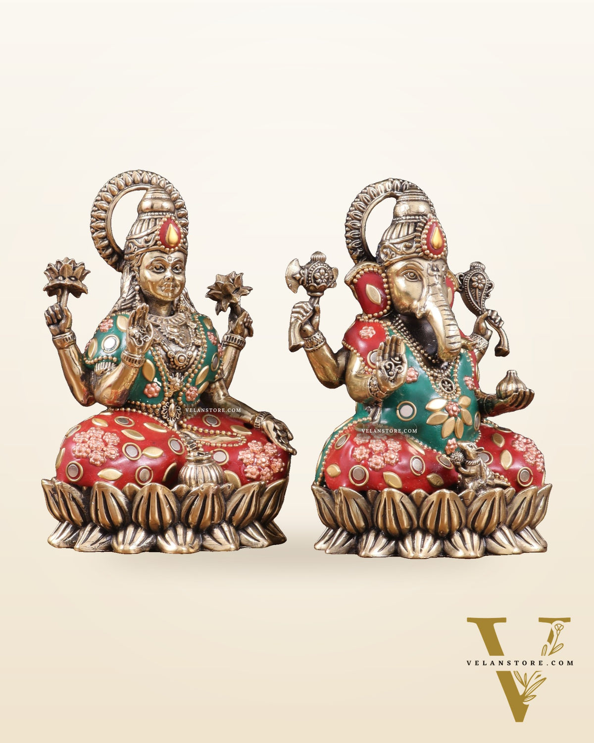 Pure Brass Intricate Ganesha Lakshmi Idols - meenakari Stonework  - 5 inch