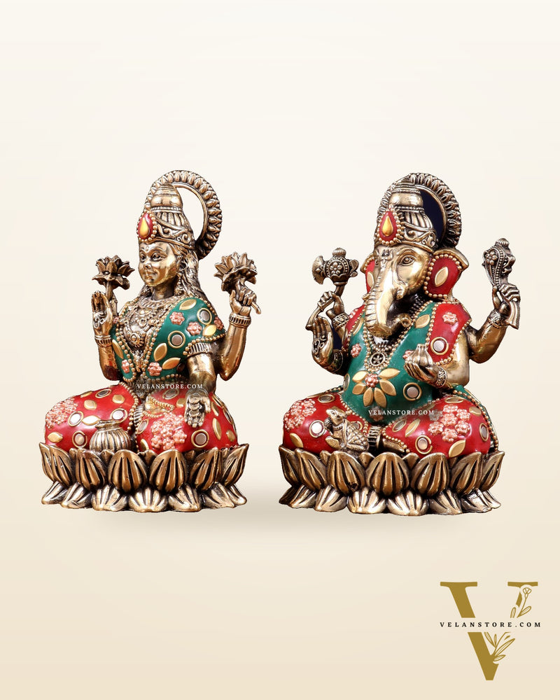 Pure Brass Intricate Ganesha Lakshmi Idols - meenakari Stonework  - 5 inch