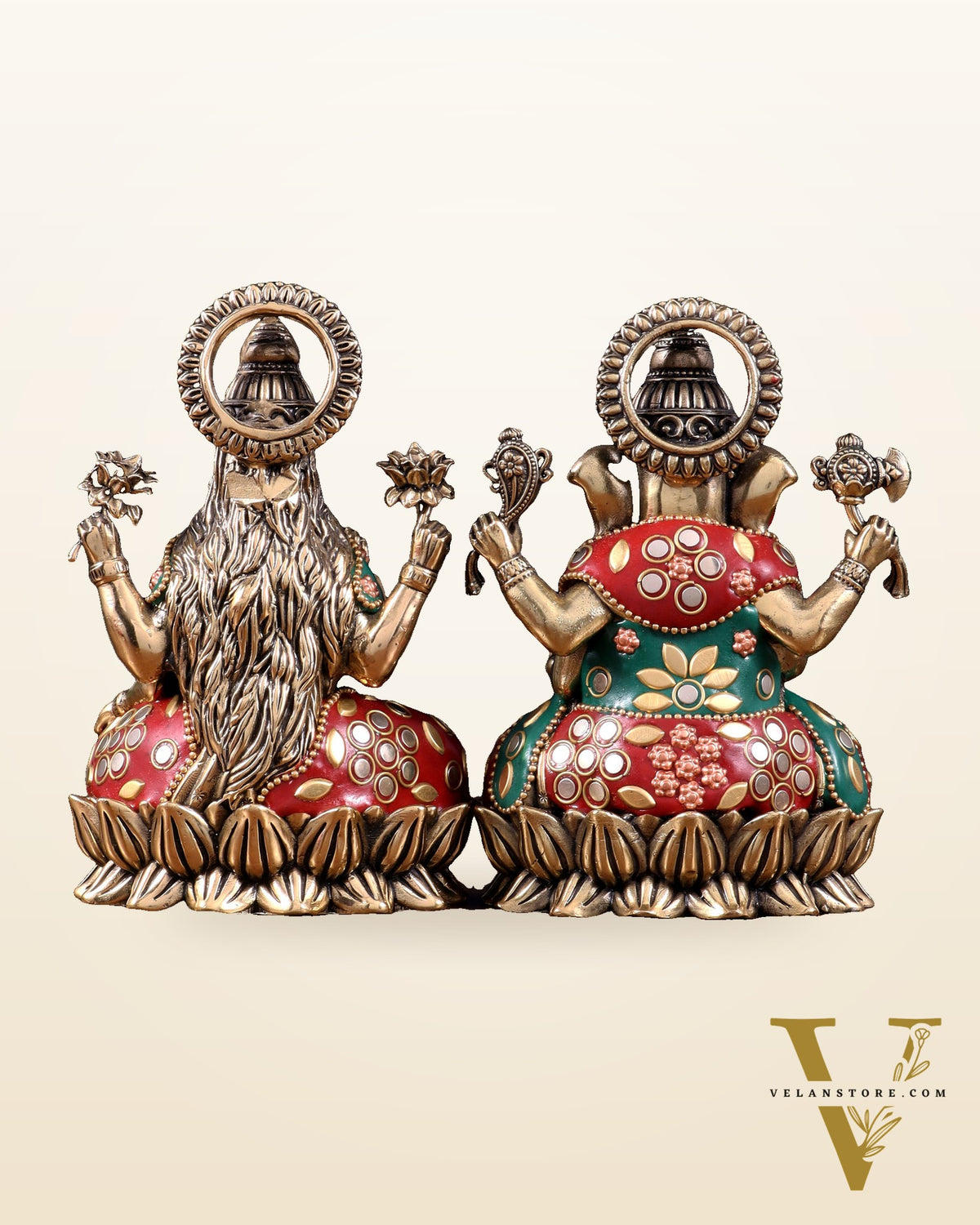 Pure Brass Intricate Ganesha Lakshmi Idols - meenakari Stonework  - 5 inch