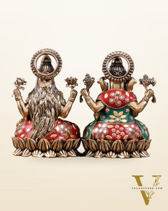 Pure Brass Intricate Ganesha Lakshmi Idols - meenakari Stonework  - 5 inch