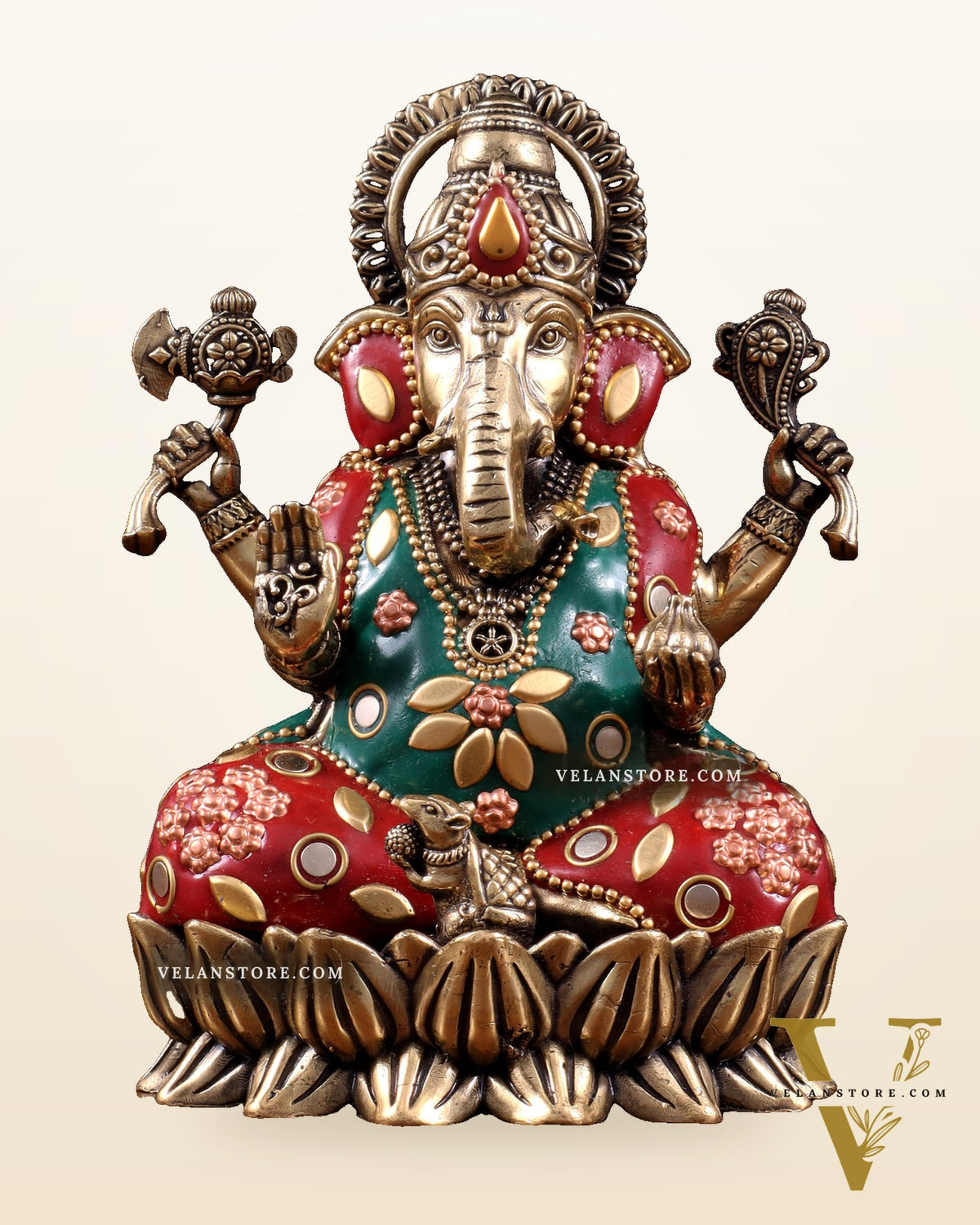 Pure Brass Intricate Ganesha Lakshmi Idols - meenakari Stonework  - 5 inch