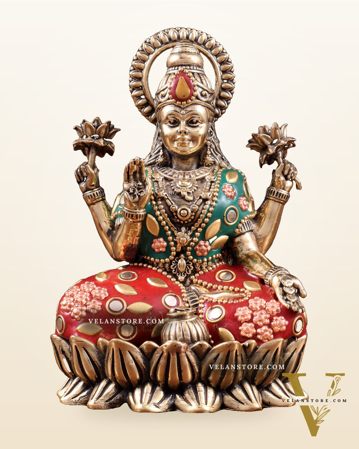 Pure Brass Intricate Ganesha Lakshmi Idols - meenakari Stonework  - 5 inch
