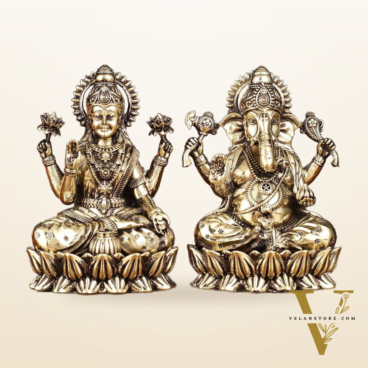Pure Brass Intricate Ganesha Lakshmi Idols - Superfine Lightweight - 5 inch