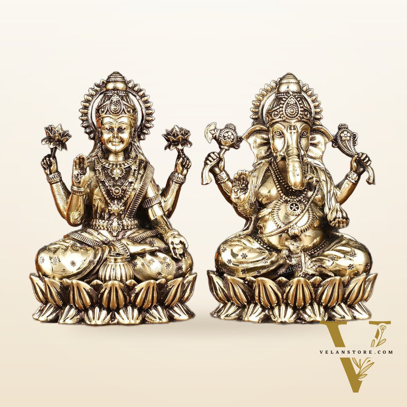 Pure Brass Intricate Ganesha Lakshmi Idols - Superfine Lightweight - 5 inch