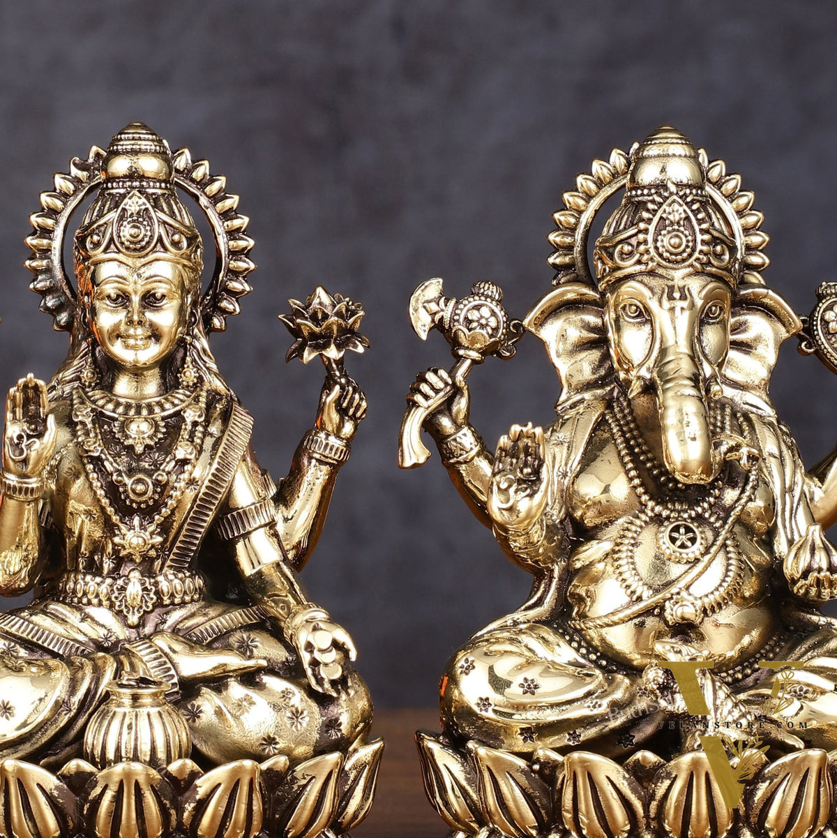 Pure Brass Intricate Ganesha Lakshmi Idols - Superfine Lightweight - 5 inch