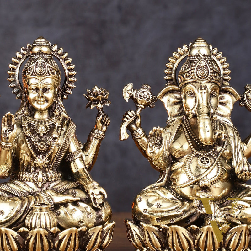 Pure Brass Intricate Ganesha Lakshmi Idols - Superfine Lightweight - 5 inch