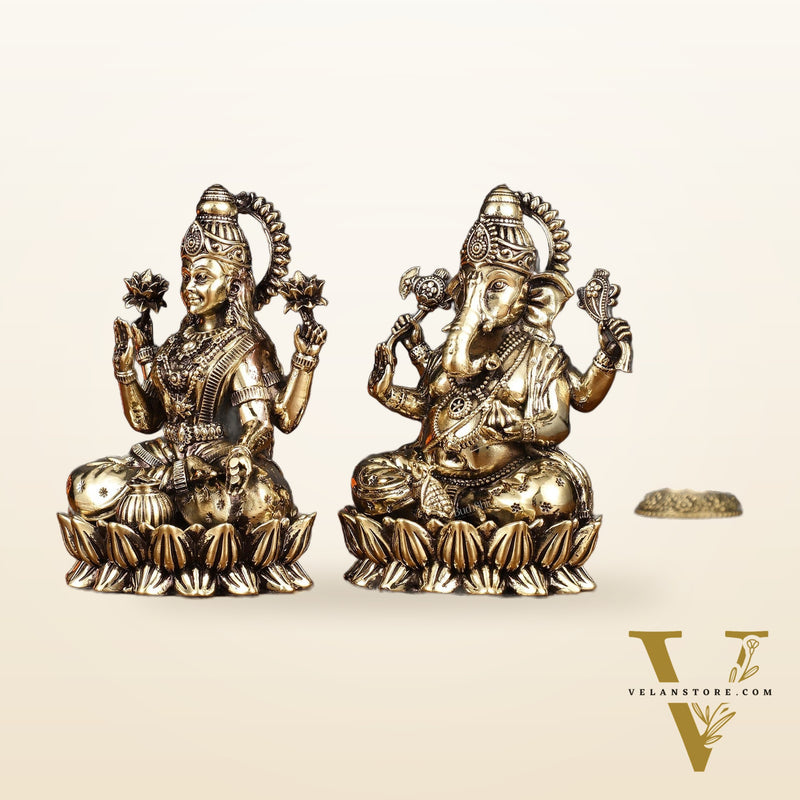 Pure Brass Intricate Ganesha Lakshmi Idols - Superfine Lightweight - 5 inch
