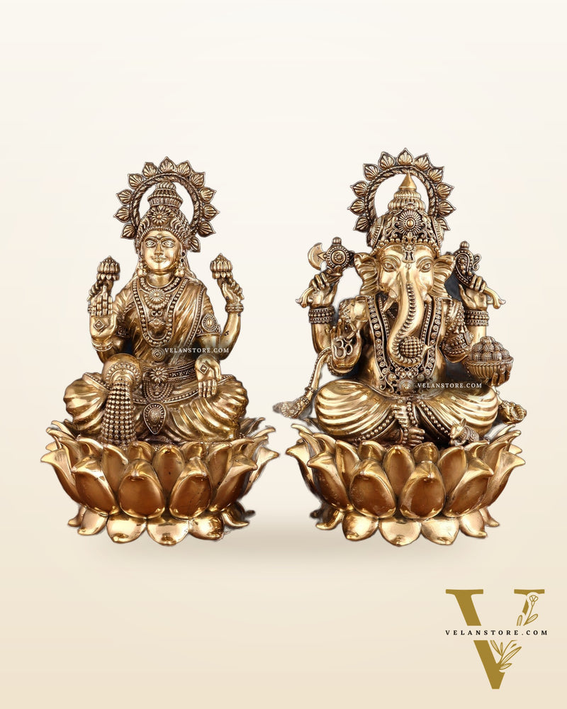 Pure Brass Intricate Ganesha & Lakshmi on Lotus Statues – 12"