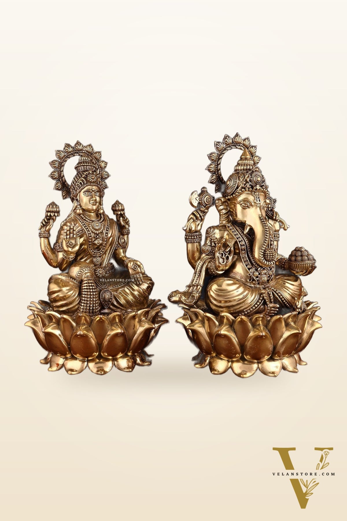 Pure Brass Intricate Ganesha & Lakshmi on Lotus Statues – 12"
