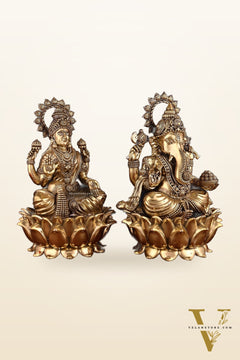Pure Brass Intricate Ganesha & Lakshmi on Lotus Statues – 12"