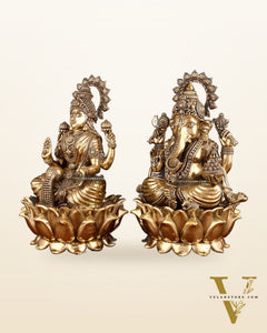 Pure Brass Intricate Ganesha & Lakshmi on Lotus Statues – 12"