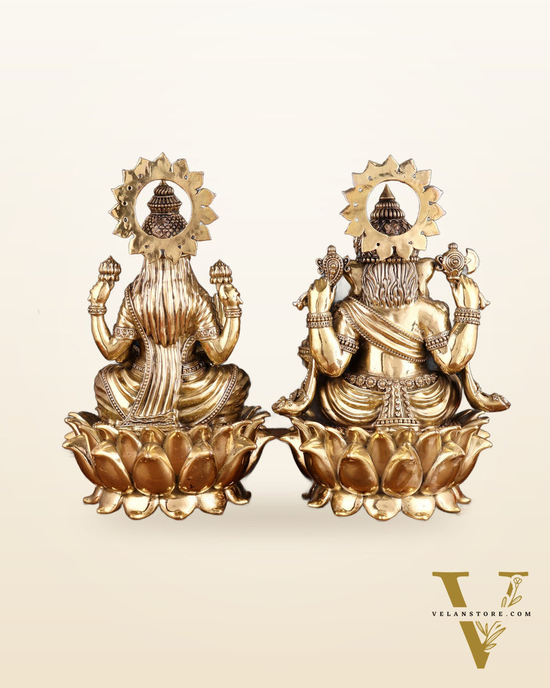 Pure Brass Intricate Ganesha & Lakshmi on Lotus Statues – 12"