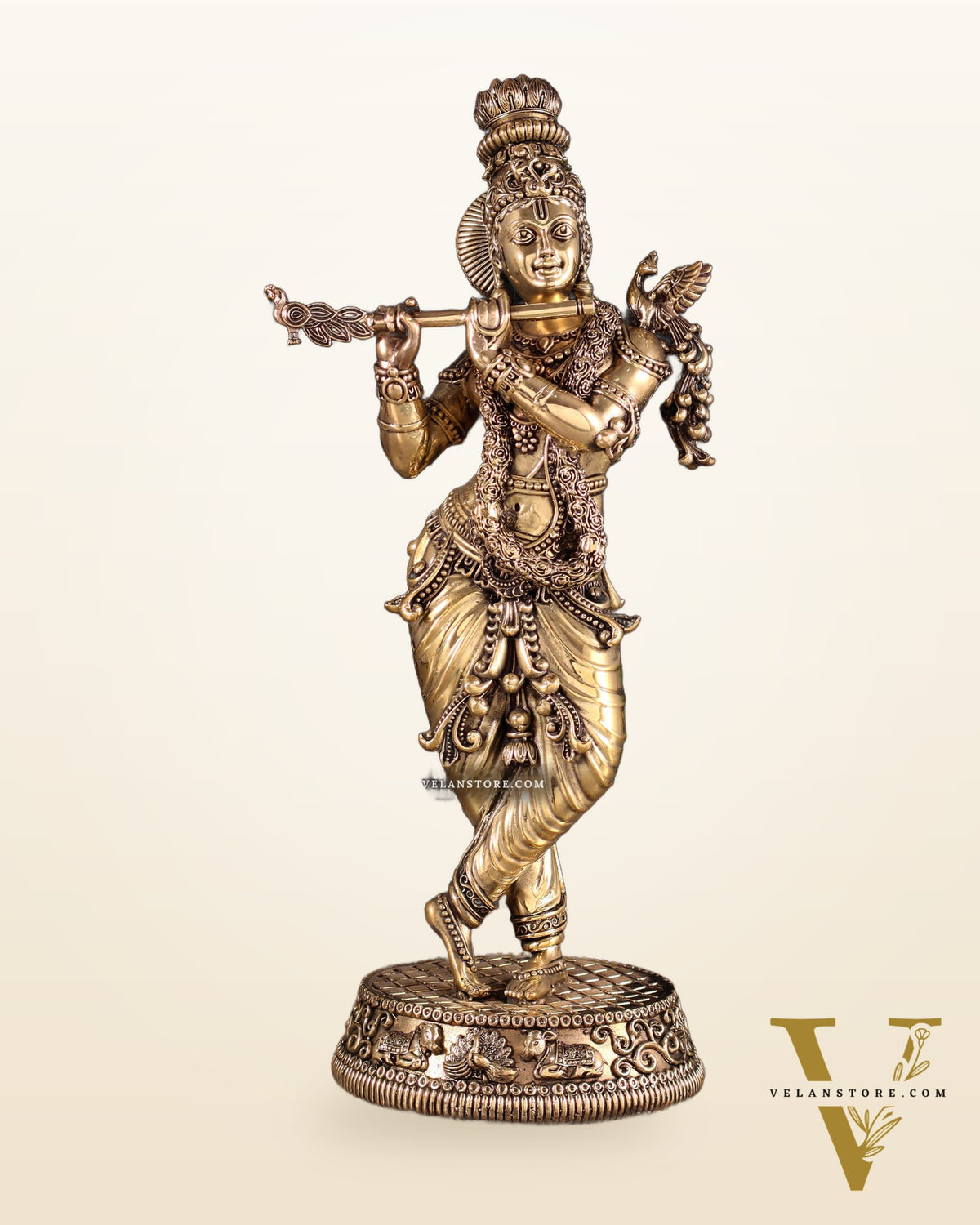 Pure Brass Intricate Lord Krishna Idol – Enhanced Carvings 13.5"