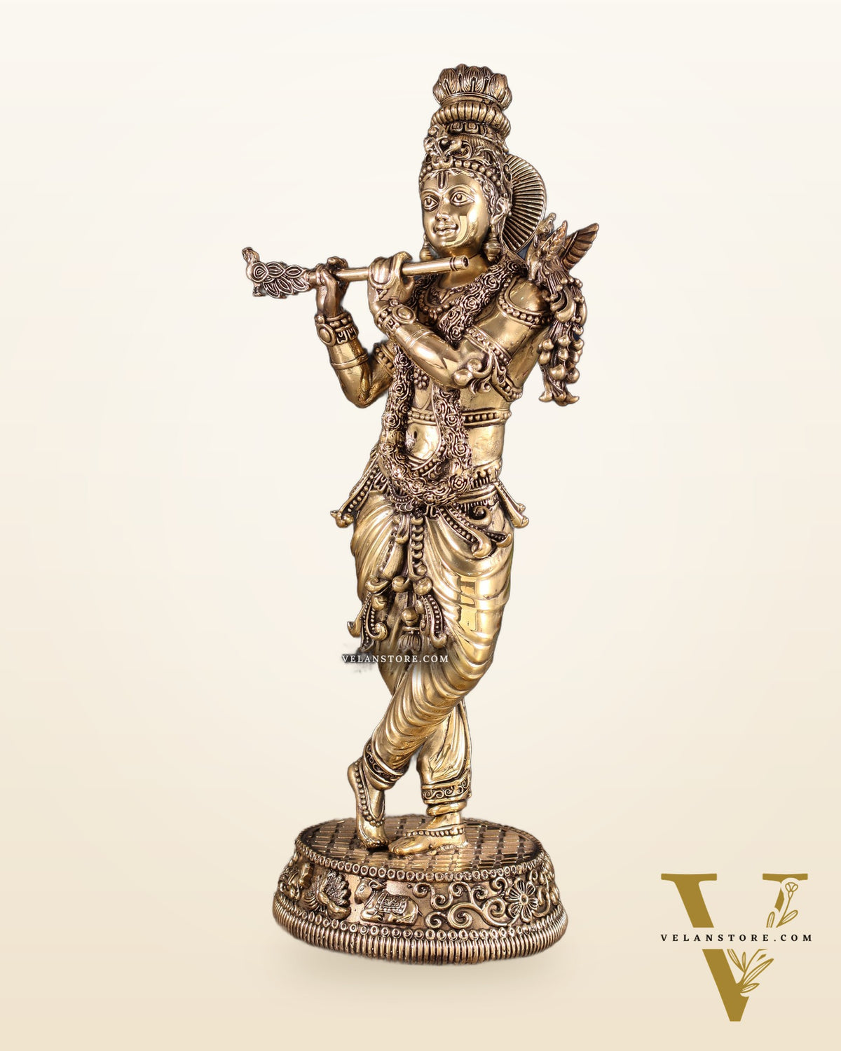 Pure Brass Intricate Lord Krishna Idol – Enhanced Carvings 13.5"