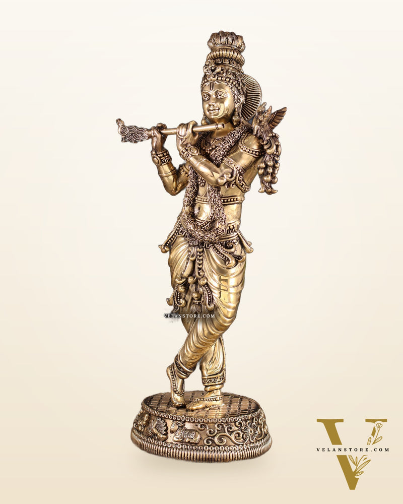 Pure Brass Intricate Lord Krishna Idol – Enhanced Carvings 13.5"