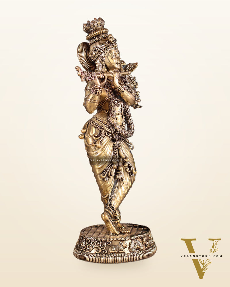 Pure Brass Intricate Lord Krishna Idol – Enhanced Carvings 13.5"