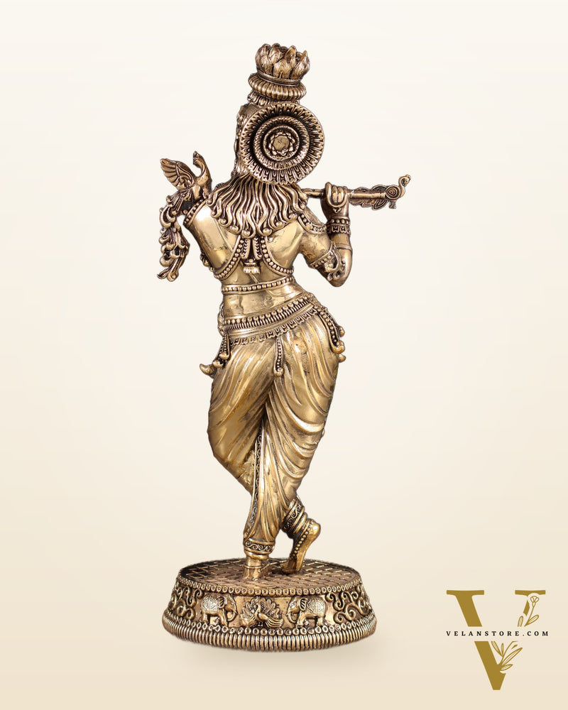 Pure Brass Intricate Lord Krishna Idol – Enhanced Carvings 13.5"