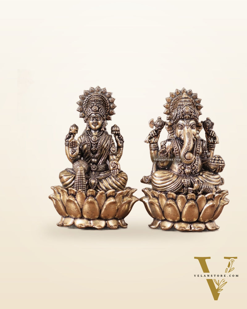 Pure Brass Intricate Superfine Ganesha-Lakshmi Idol Pair 3"