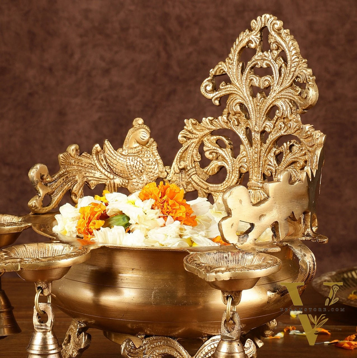 Pure Brass Intricate Urli with Diyas | Height: 11 inch