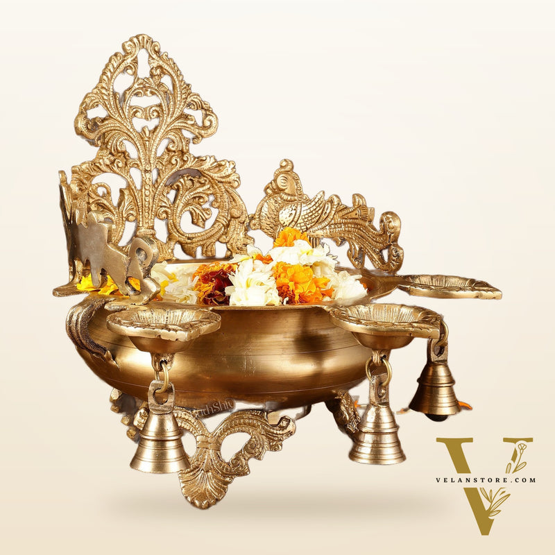 Pure Brass Intricate Urli with Diyas | Height: 11 inch