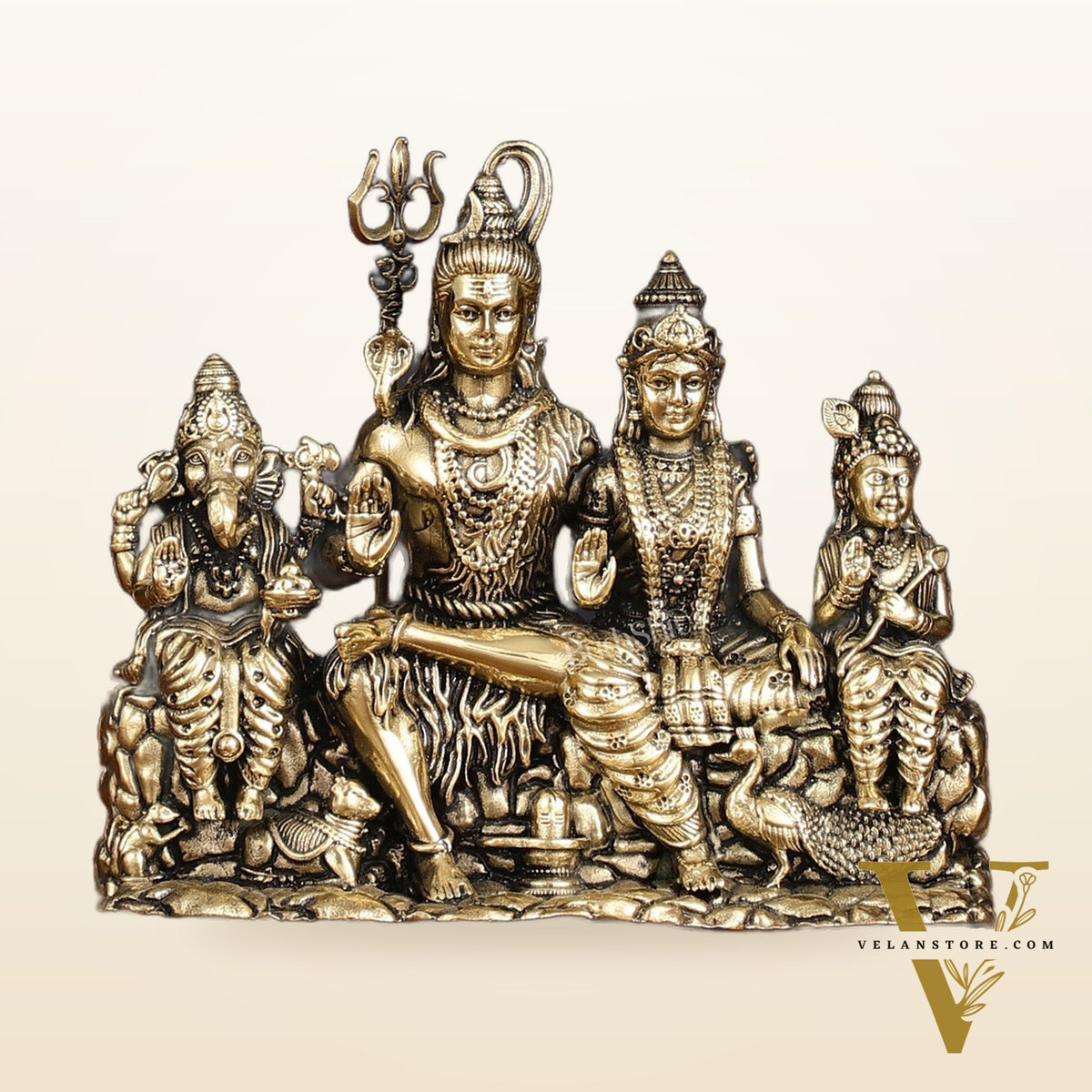 Pure Brass Intricately Carved Complete Shiv Parivar Idol - 3.5" Tall