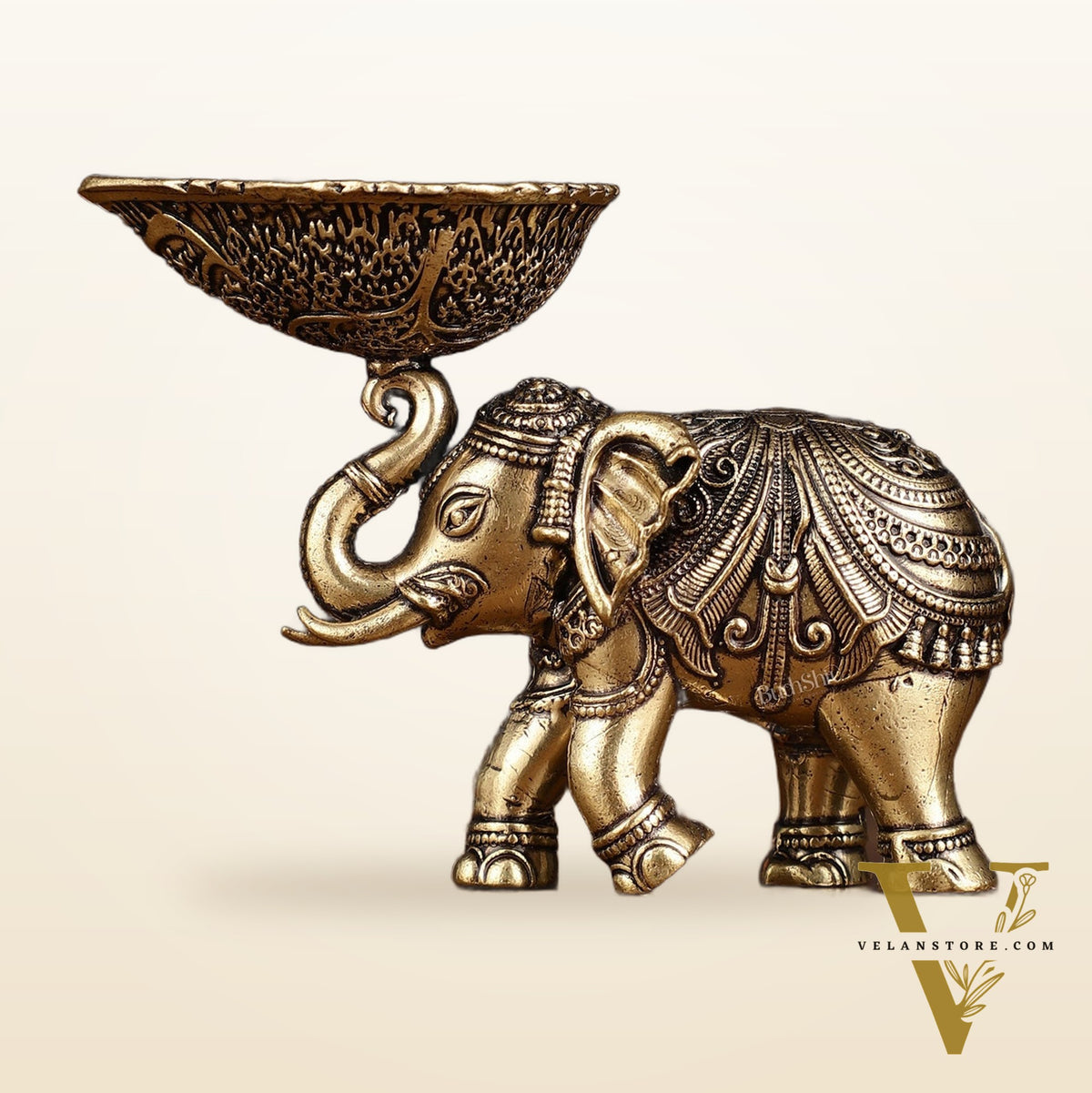Pure Brass Intricately Carved Small Elephant Oil Lamp diya 3"