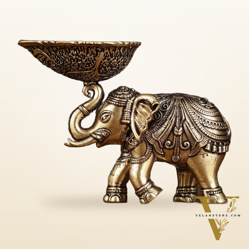 Pure Brass Intricately Carved Small Elephant Oil Lamp diya 3"
