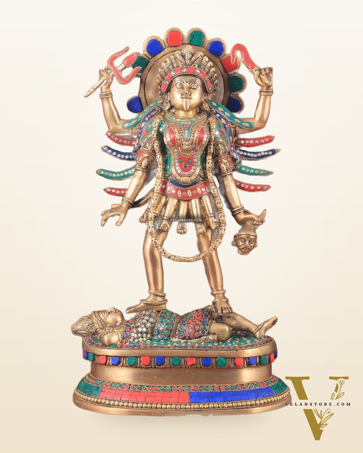 Pure Brass Kali Mata Idol with Four Arms 18" with stonework