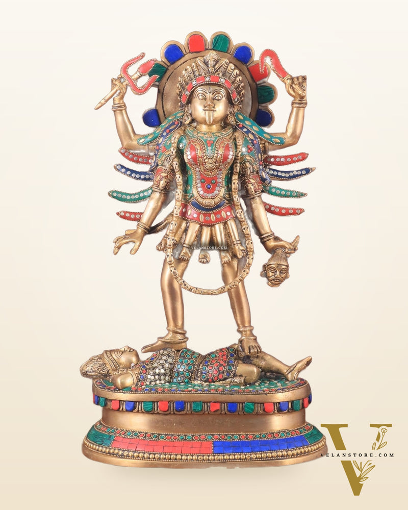 Pure Brass Kali Mata Idol with Four Arms 18" with stonework