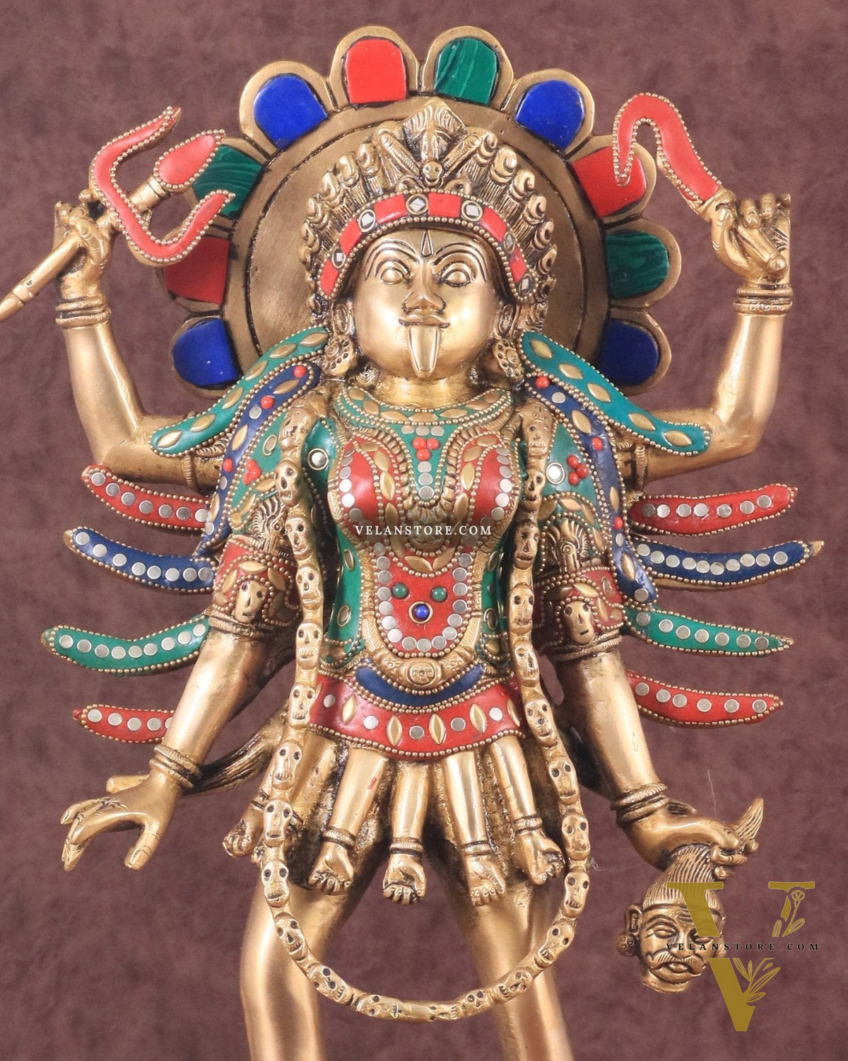 Pure Brass Kali Mata Idol with Four Arms 18" with stonework