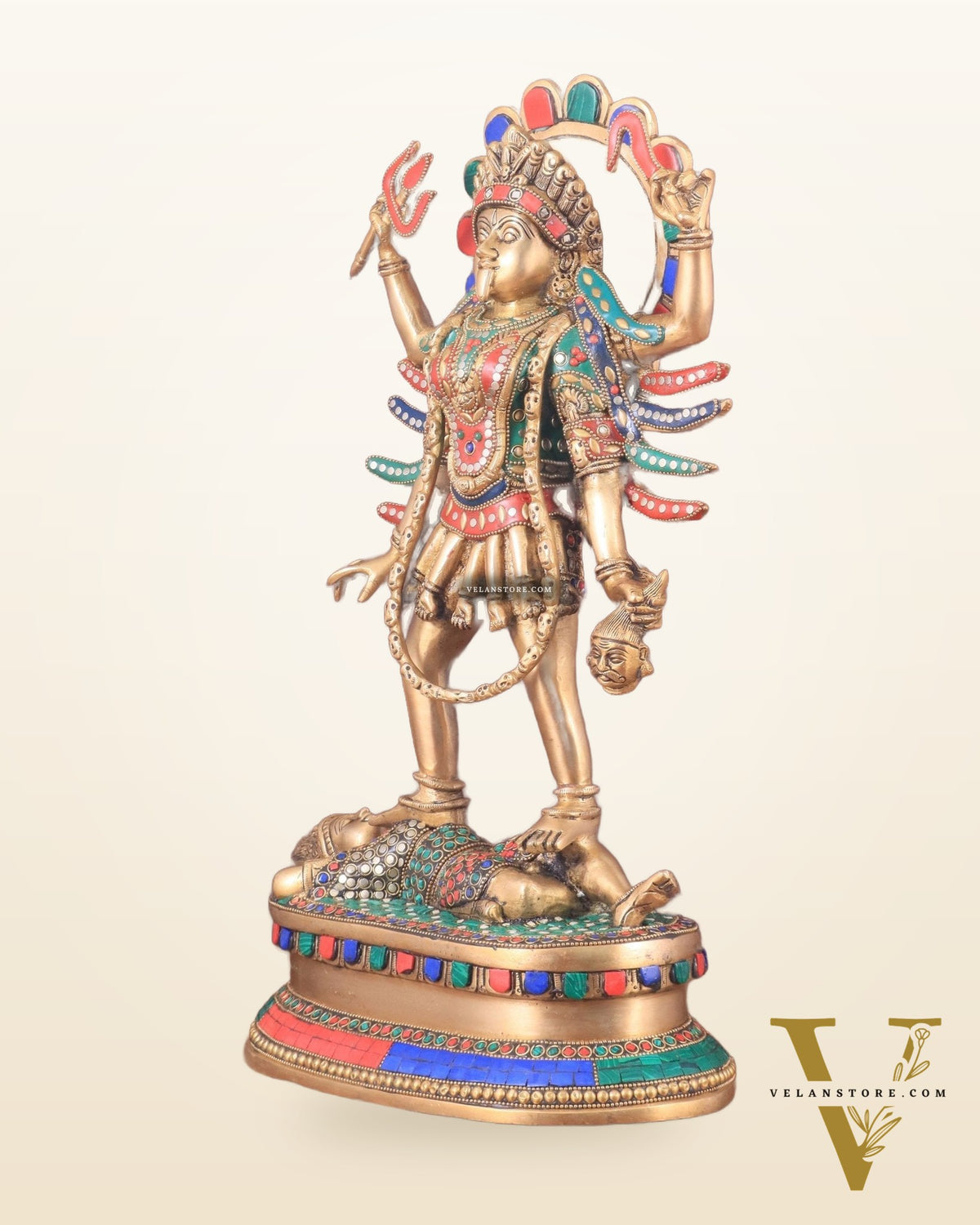 Pure Brass Kali Mata Idol with Four Arms 18" with stonework