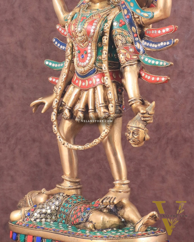 Pure Brass Kali Mata Idol with Four Arms 18" with stonework