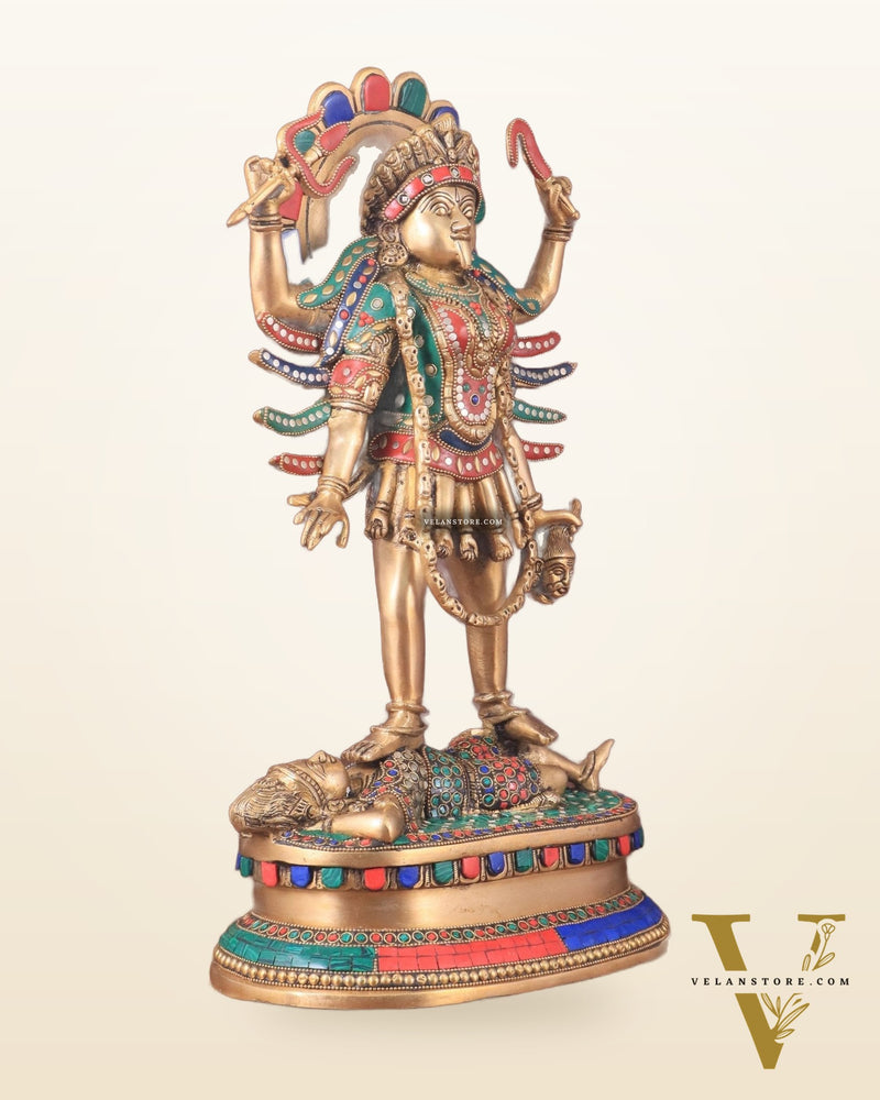 Pure Brass Kali Mata Idol with Four Arms 18" with stonework