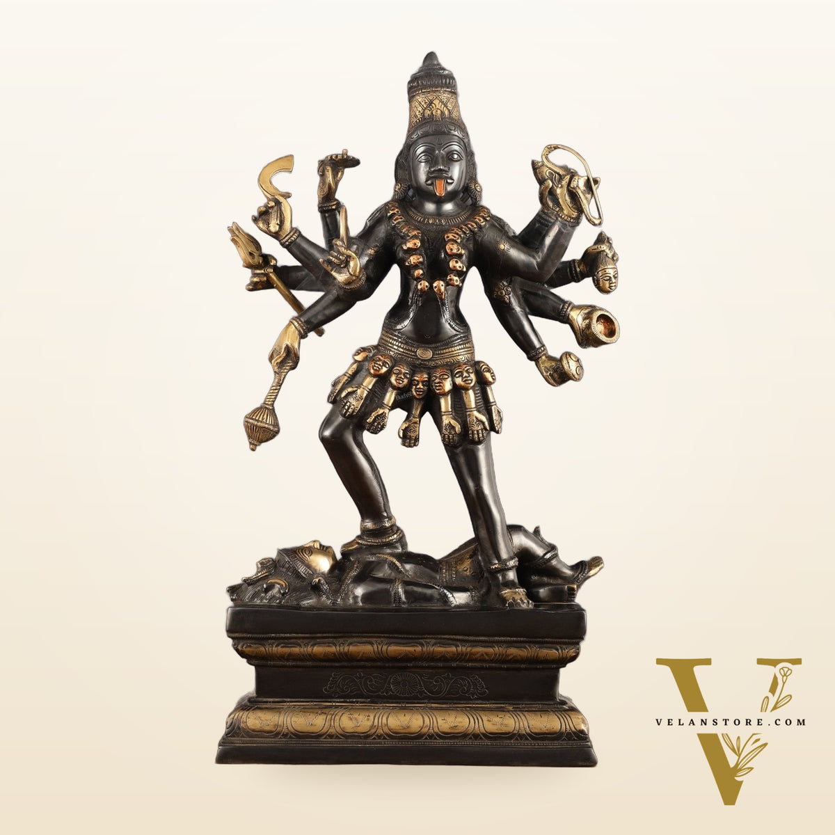 Pure Brass Kali Mata Statue - 25 Inch, 10 Arms, Black Edition