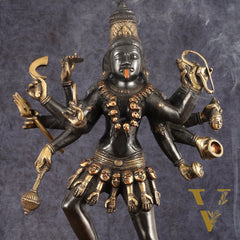 Pure Brass Kali Mata Statue - 25 Inch, 10 Arms, Black Edition