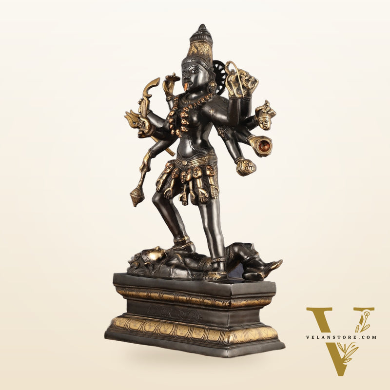 Pure Brass Kali Mata Statue - 25 Inch, 10 Arms, Black Edition
