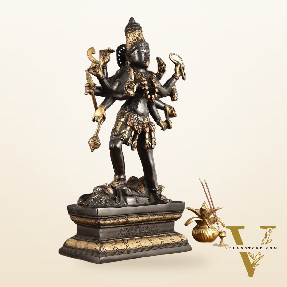 Pure Brass Kali Mata Statue - 25 Inch, 10 Arms, Black Edition