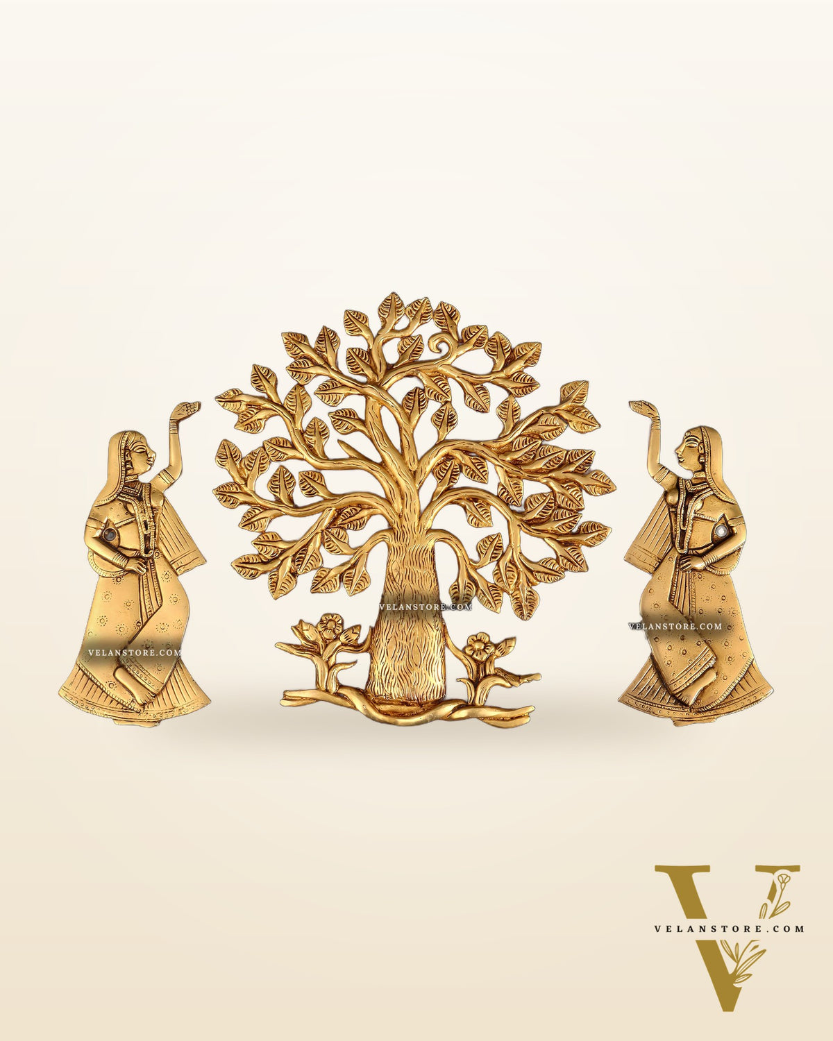 Pure Brass Kalpavriksha Tree with Apsaras Wall Hanging Set – 10.5"