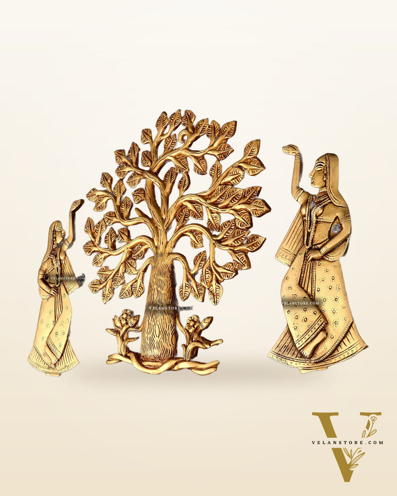 Pure Brass Kalpavriksha Tree with Apsaras Wall Hanging Set – 10.5"